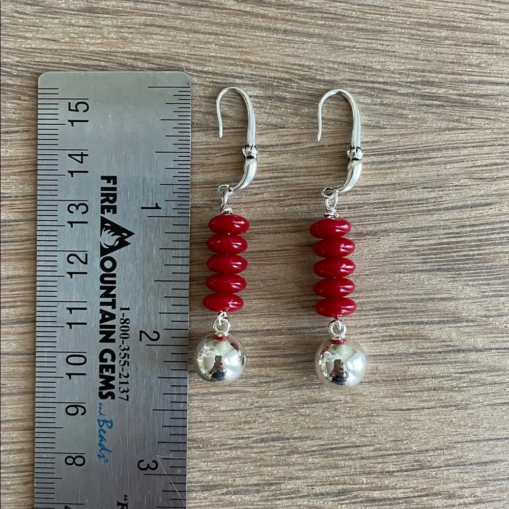 HAND CRAFTED RED & SILVER BALL DROP DANGLE EARRINGS Modern Minimalist Statement